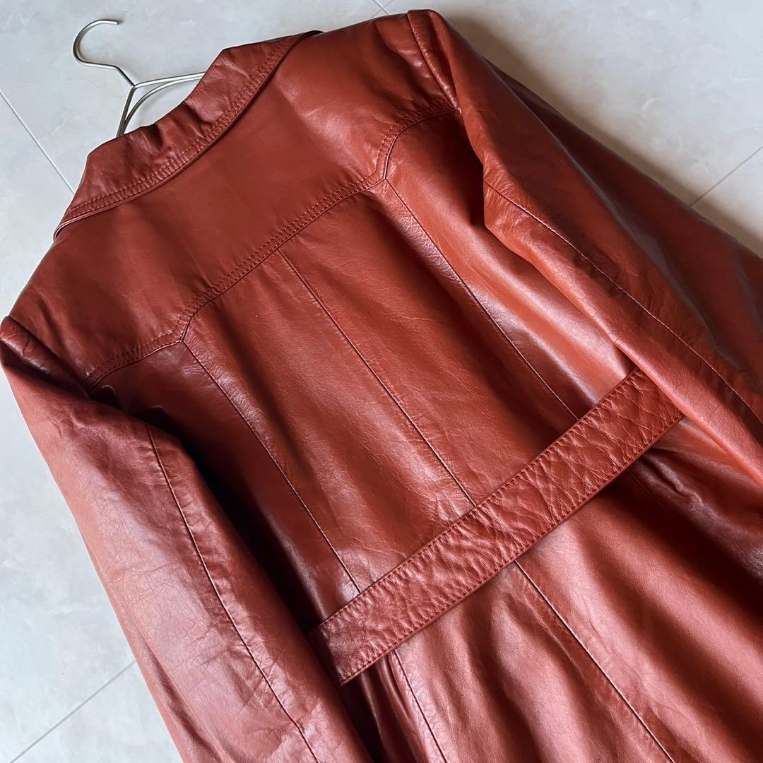 ヴィンテージ リアルレザー ロングコート ブラウン 11 L 裏地牛柄 アニマル