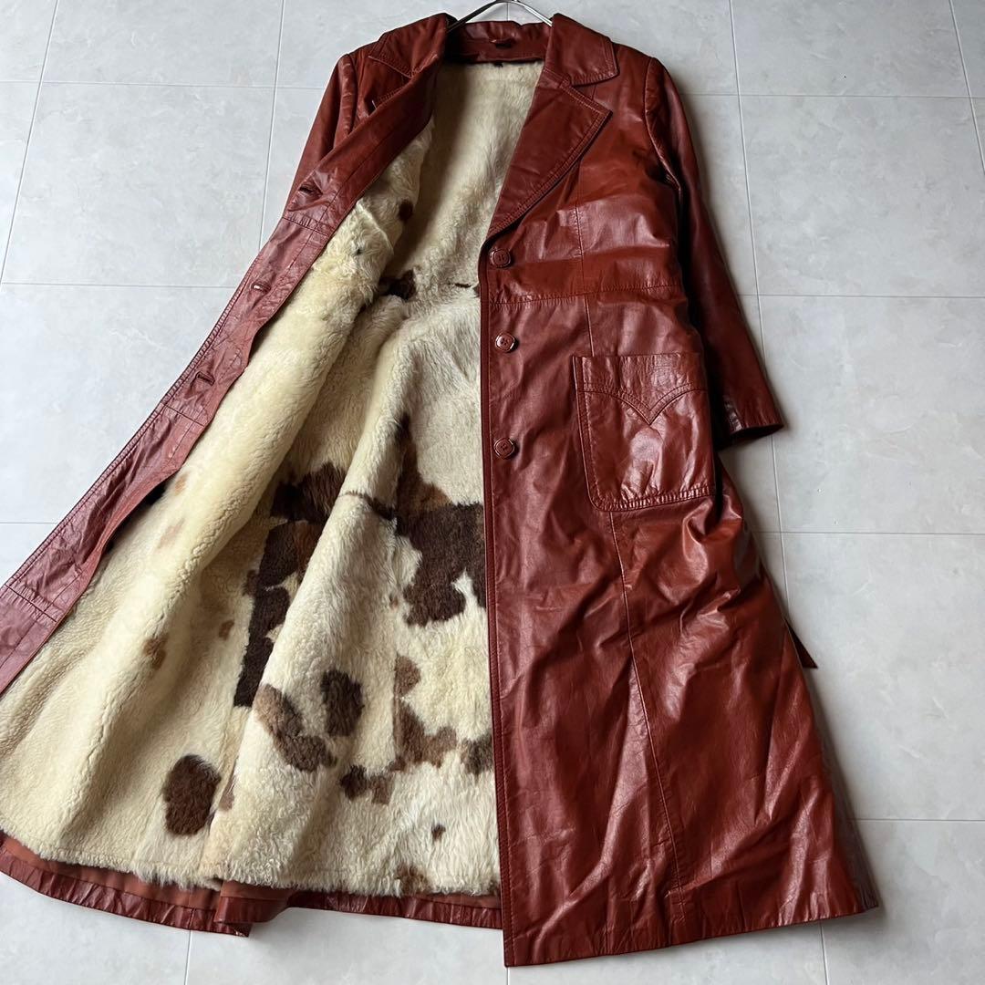 ヴィンテージ リアルレザー ロングコート ブラウン 11 L 裏地牛柄 アニマル