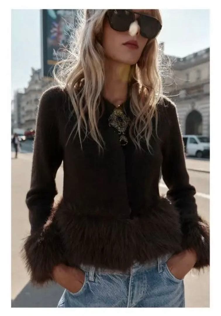 【ZARA】コントラスト ニット フェイク ファー ジャケット ブラウン 完売品