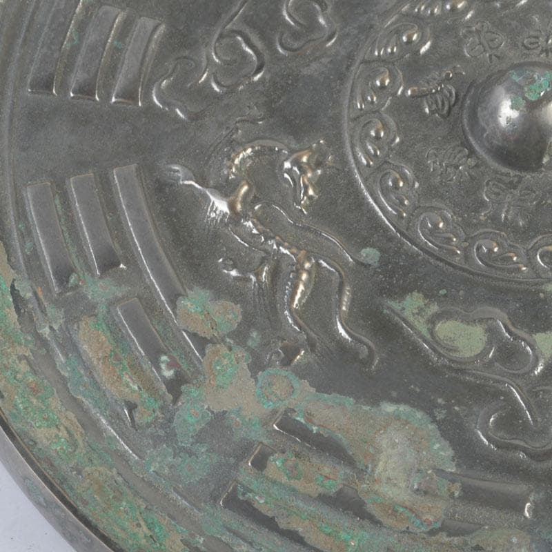 中国　古銅青銅　神獣文　銅鏡　古鏡　紙鎮　文鎮　時代箱付　M　9273E
