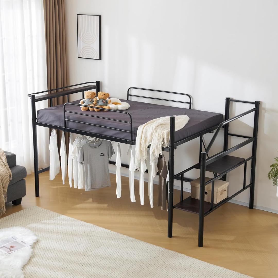 ロフトベッド 宮棚 パイプベッド 階段 耐荷重150kg セミダブル(ブラック)