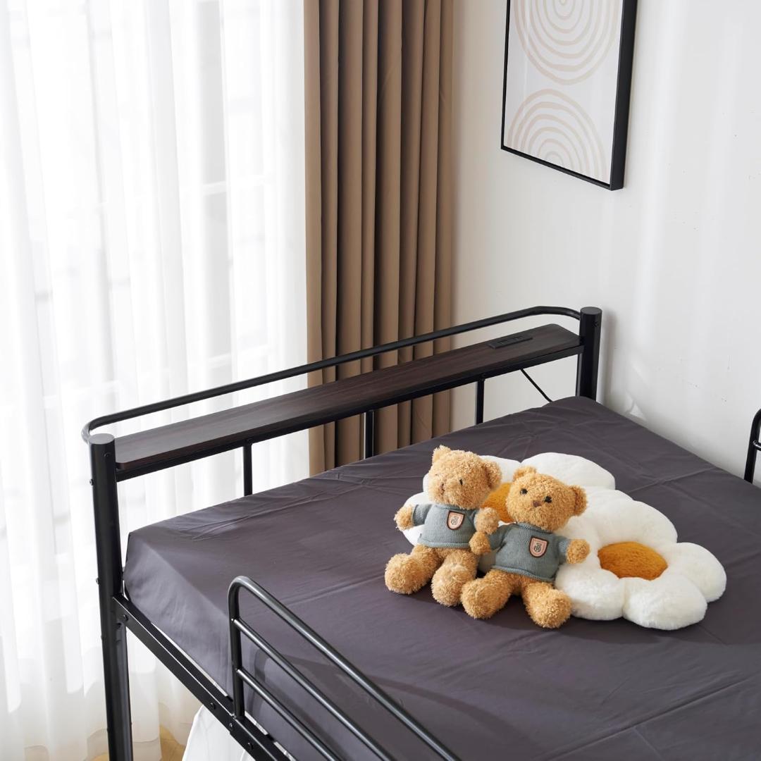 ロフトベッド 宮棚 パイプベッド 階段 耐荷重150kg セミダブル(ブラック)