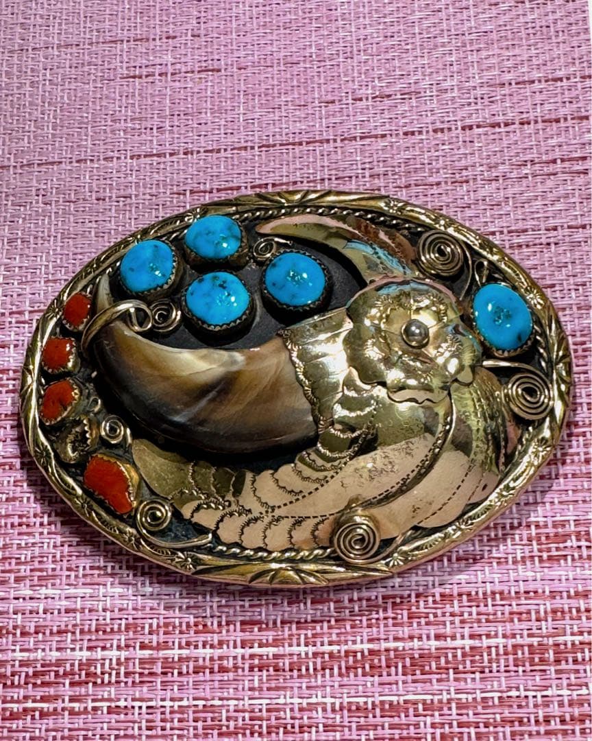 ナホバ•ネイティブアメリカン12KGFバックル•ベアクロウ•ターコイズ•赤珊瑚