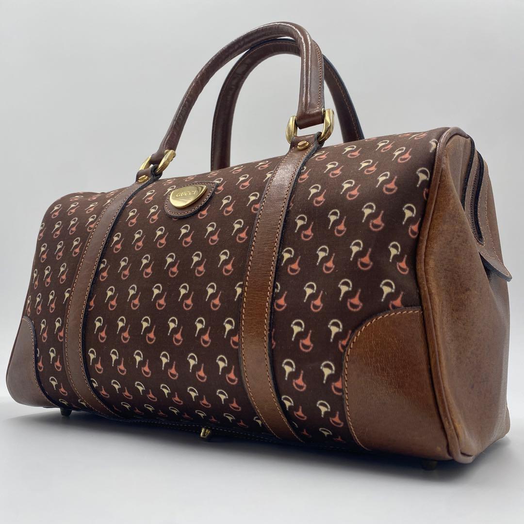 美品 オールドグッチ ミニボストンバッグ レザー ホースビット柄 ブラウン 茶色