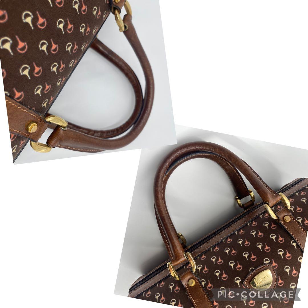 美品 オールドグッチ ミニボストンバッグ レザー ホースビット柄 ブラウン 茶色