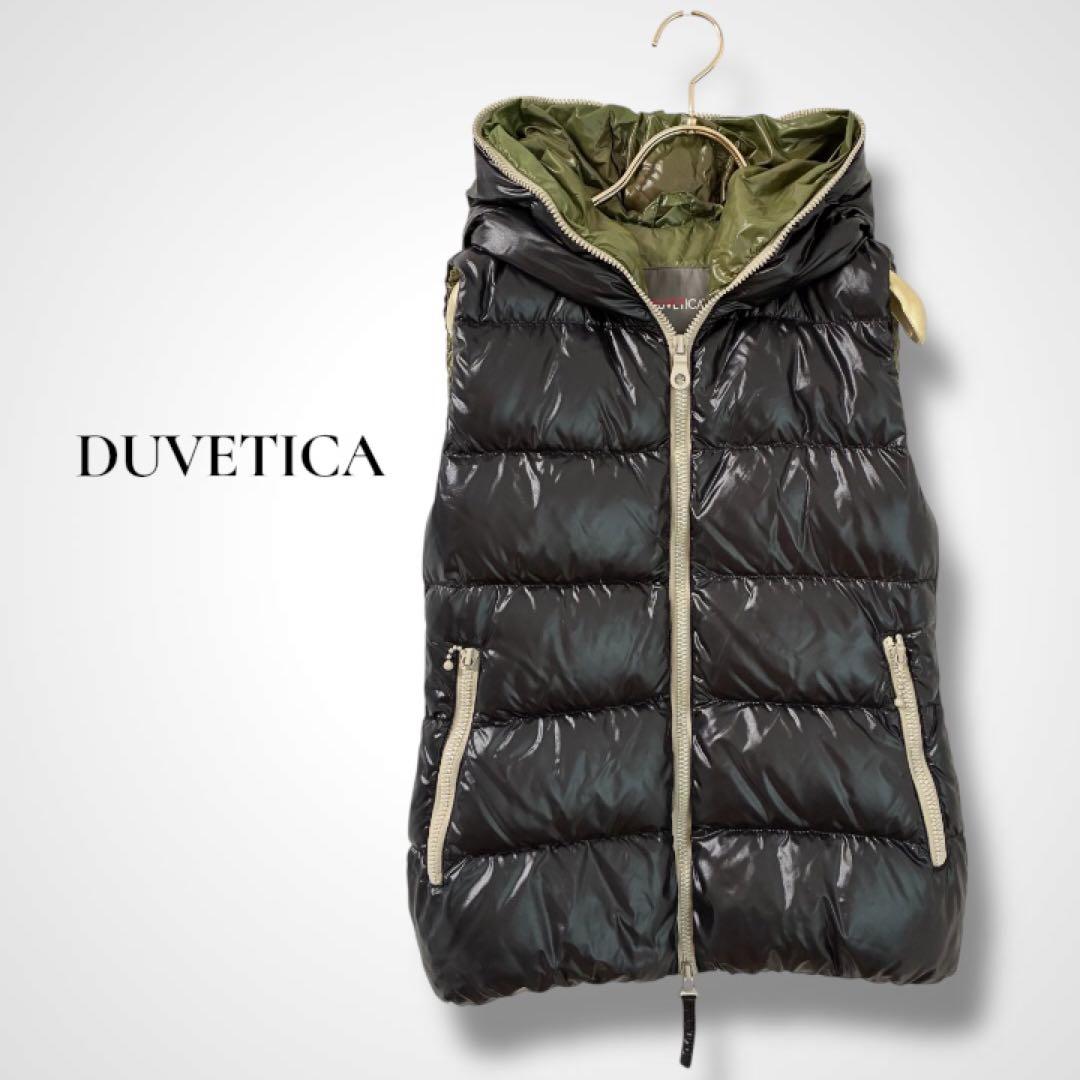 DUVETICA フード付きダウンベスト ブラック/オリーブ 38 ダブルジップ