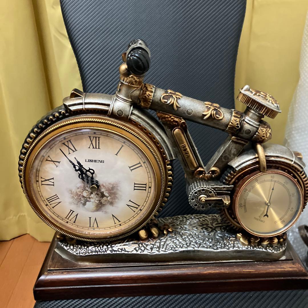 【美品】LISHENG 置き時計 アンティーク調 自転車モチーフ 温度計付き