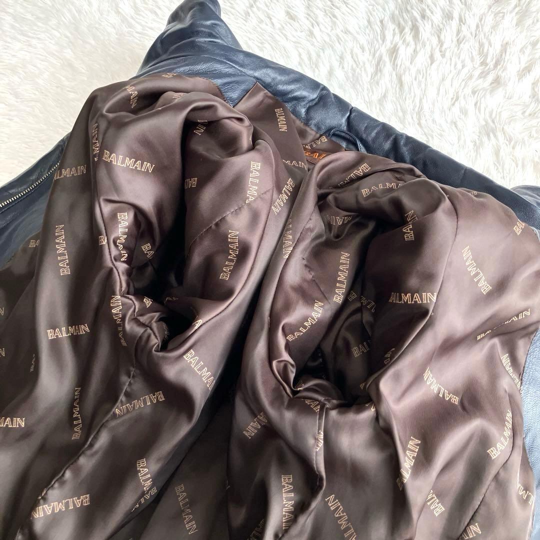 【美品】BALMAIN 高級ラムレザー　パデッドコート　ダークネイビー