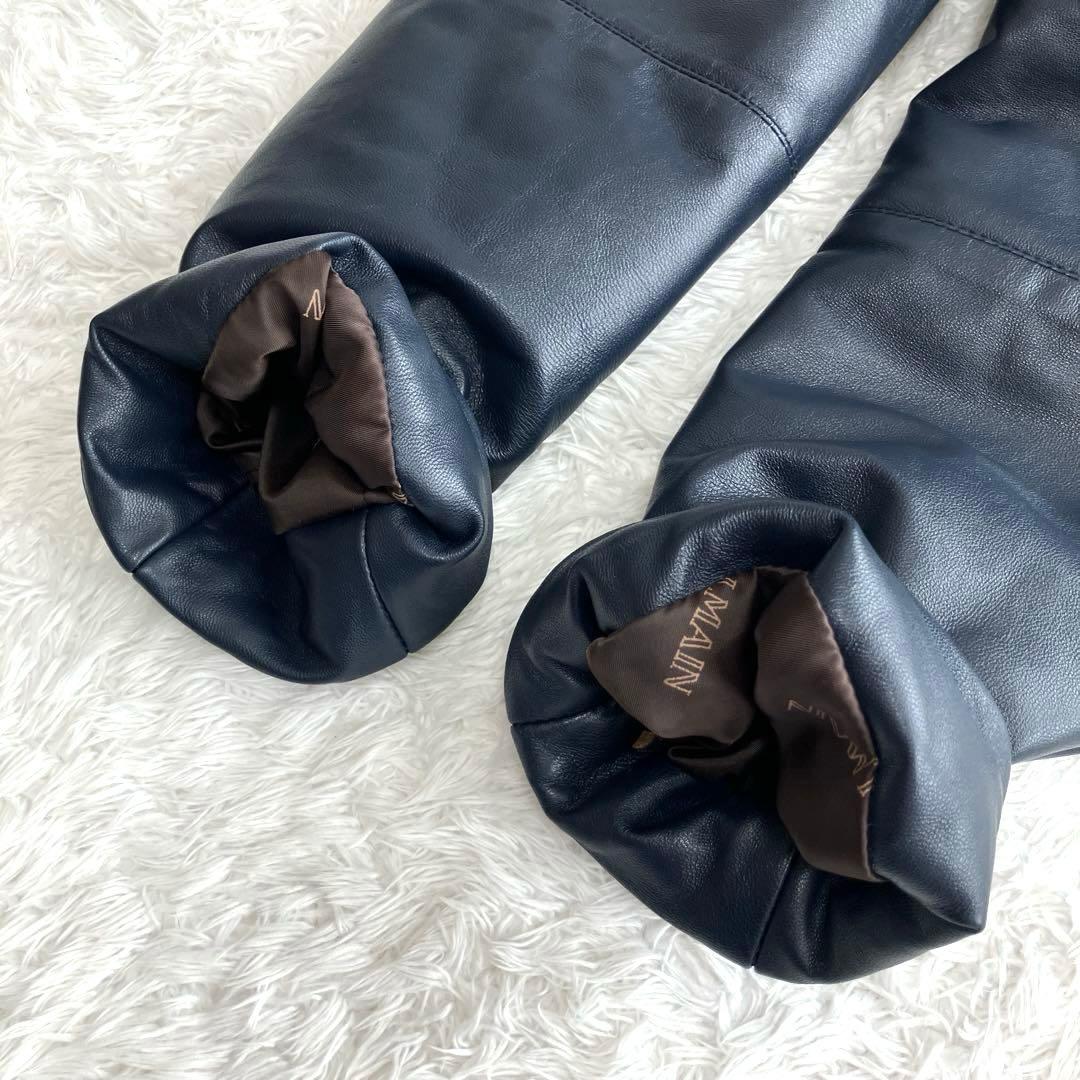 【美品】BALMAIN 高級ラムレザー　パデッドコート　ダークネイビー