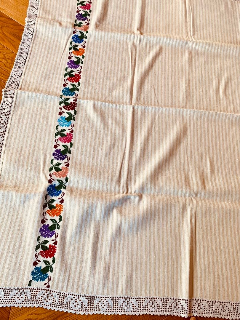 フランスアンティーク クロスステッチ コットンリネン ボーダー マルチクロス