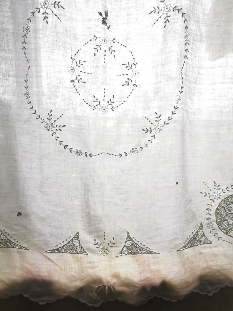 アンティーク カットワーク ニードルポイントローズ 薔薇 花刺繍リネン大判クロス