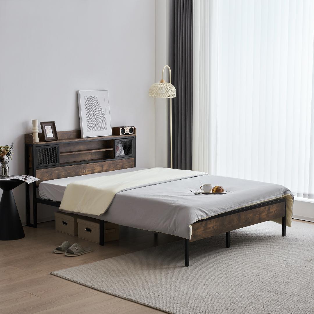 【宮棚＆コンセント付】セミダブルベッド 木×スチール 北欧風 ヴィンテージ調