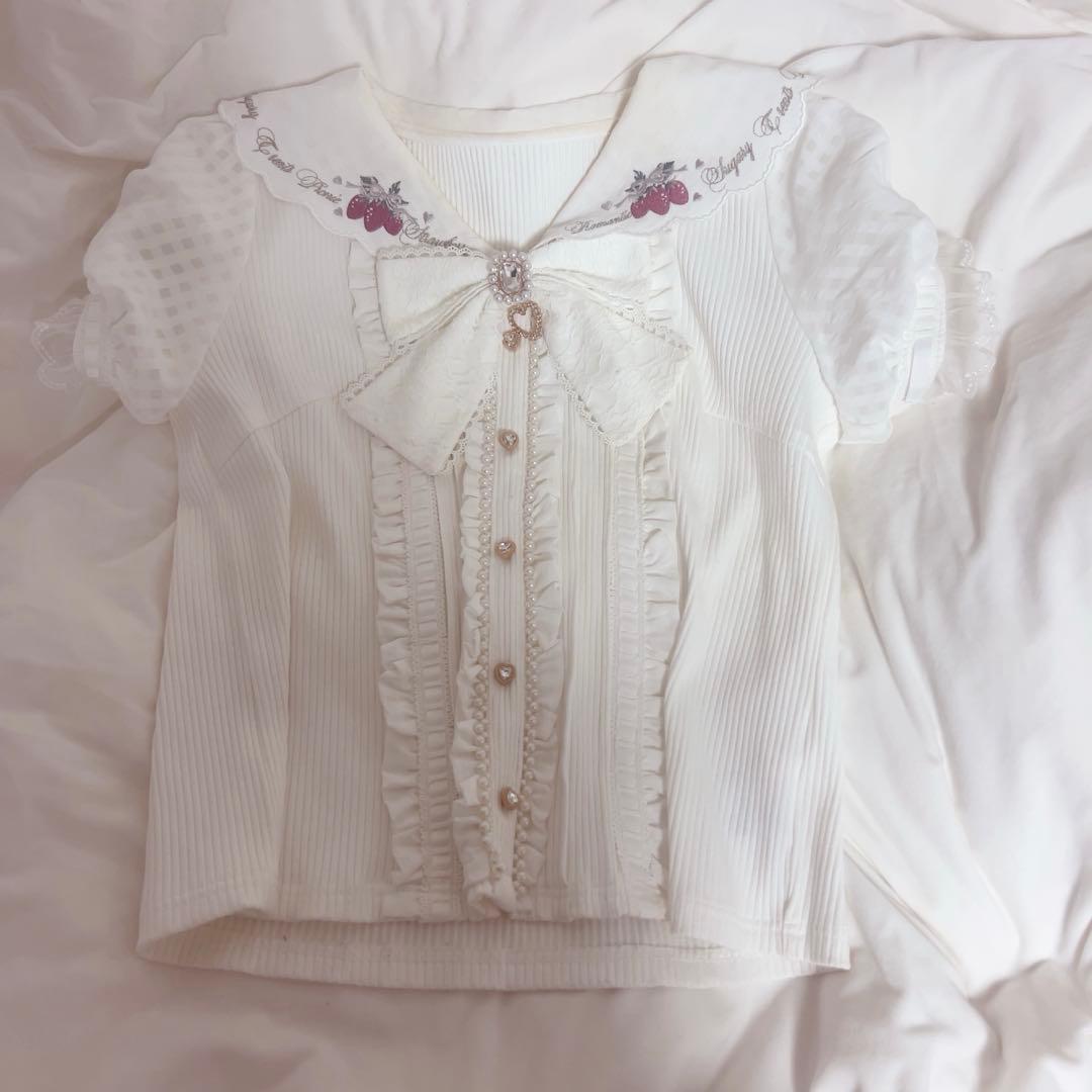 lizlisa ストロベリー刺繍セーラーリブブラウス