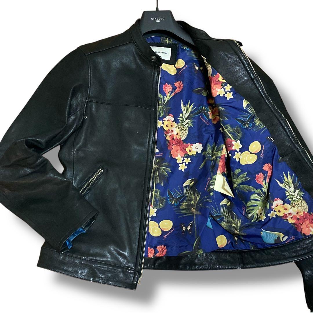 monkey time ブラックレザー シングルライダース L 花柄 やぎ革