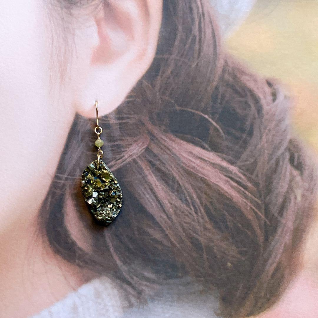 Kaya◆一点物✧パイライト×グレーイエローダイヤモンドピアス✧14kgf