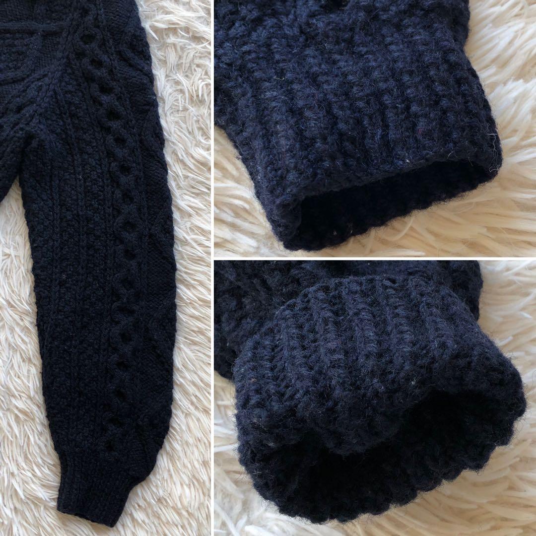 【美品アイルランド製】アテナデザイン　アランニット　カーディガン　紺　木製ボタン