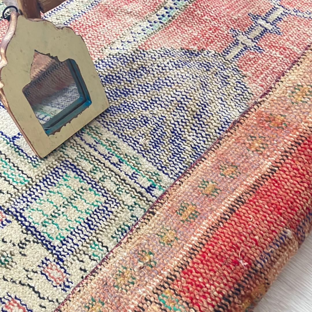 レッド✳︎グリーン　アート塔　パープル　リバーシブル　トルコヴィンテージラグ