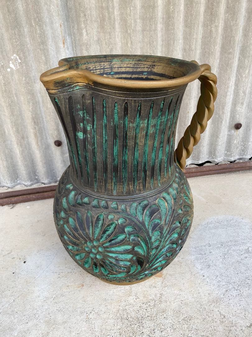 陶器製　花瓶　傘立て　壺　フラワーベース　置物　エメラルドグリーン　ゴールド