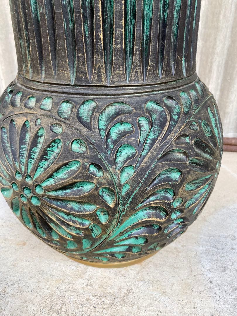 陶器製　花瓶　傘立て　壺　フラワーベース　置物　エメラルドグリーン　ゴールド