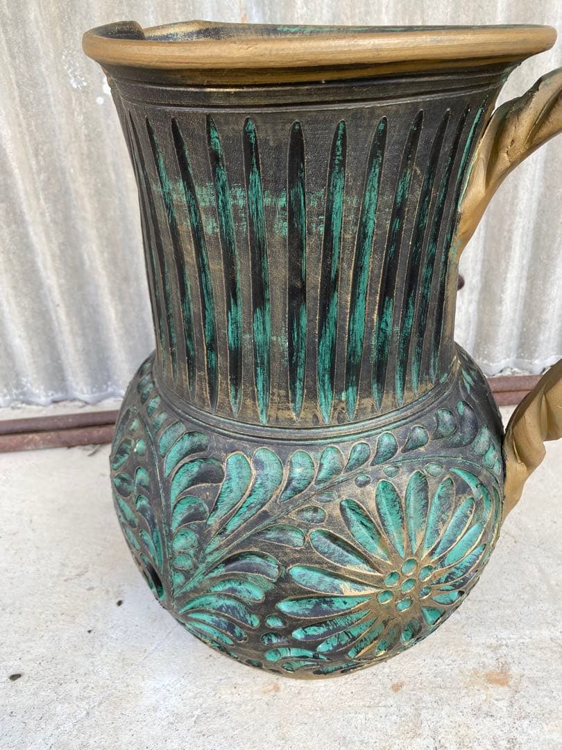 陶器製　花瓶　傘立て　壺　フラワーベース　置物　エメラルドグリーン　ゴールド