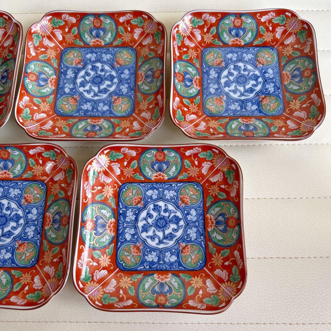 庫山窯　染錦　金彩花唐草　角皿揃　５枚セット　銘々皿　小皿　赤絵　色絵　古伊万里