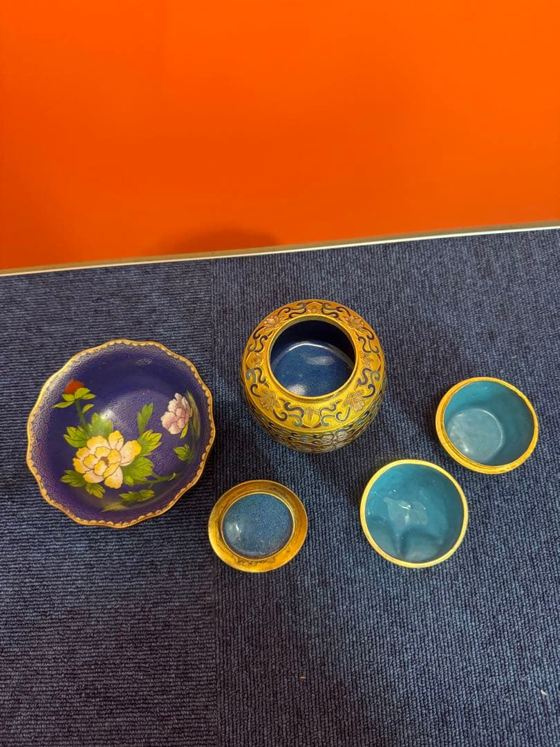 1852   七宝焼　景泰藍　碗1客　茶入1客　フクロウ1客