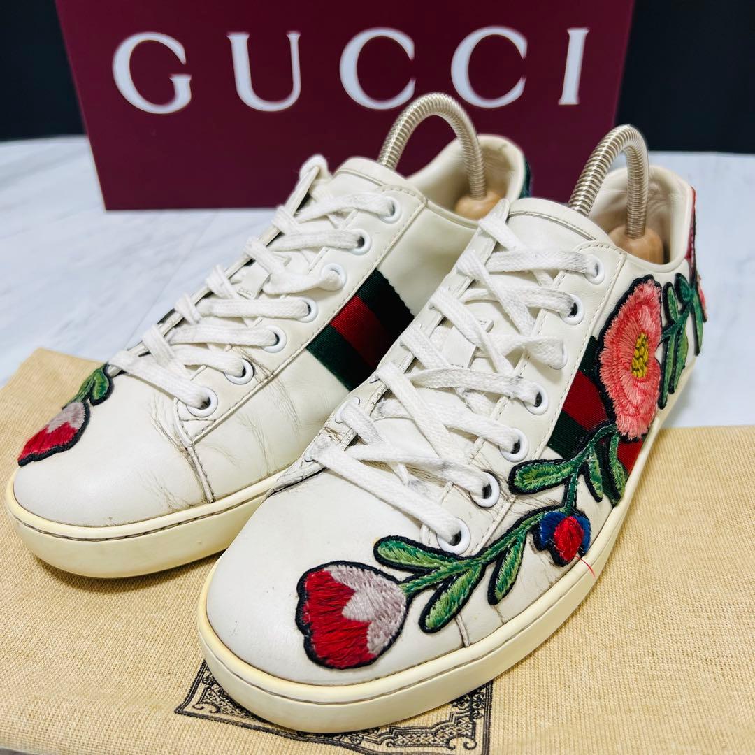 箱付き● GUCCI エース 刺繍 フローラル シェリーライン 23.0相当