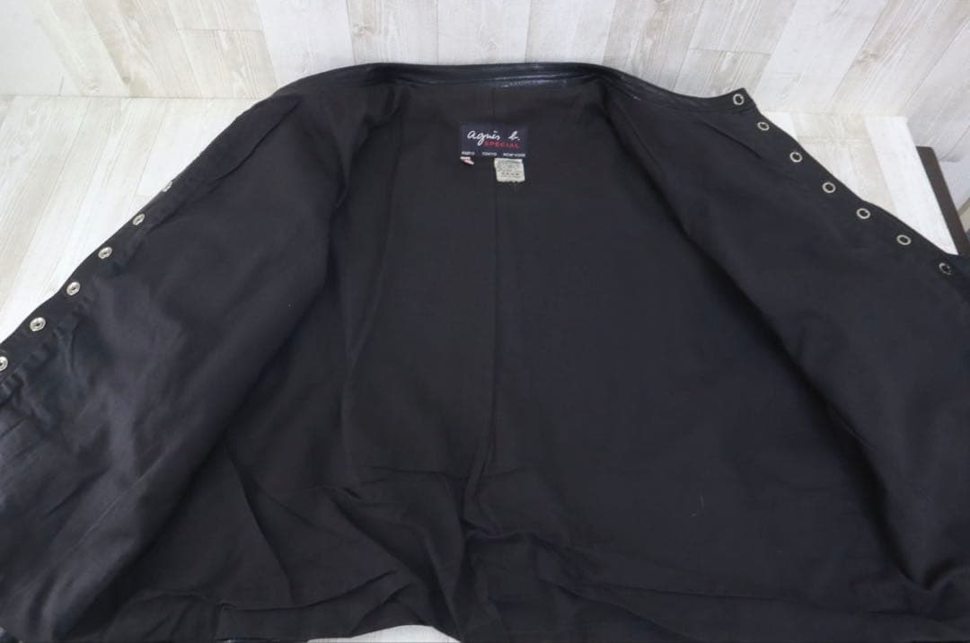 【agnes b. SPECIAL レザー 40 ノーカラー ジャケット 黒】