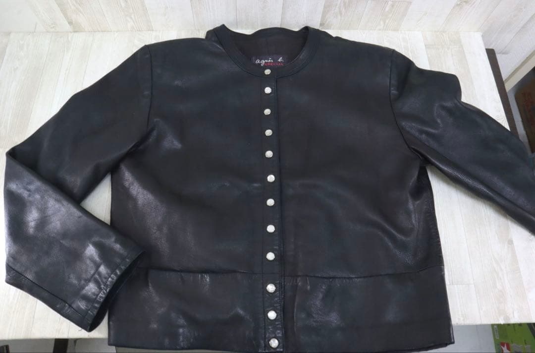 【agnes b. SPECIAL レザー 40 ノーカラー ジャケット 黒】