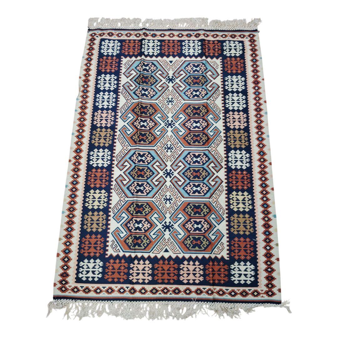 【新品未使用】トルコ絨毯 ネイビー オレンジ ラグ カーペット