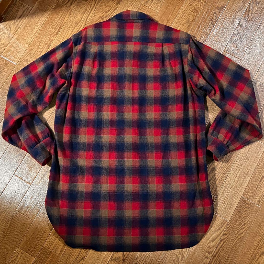 70s ペンドルトン ロング丈 オンブレチェックシャツ 赤×黒 Lサイズ