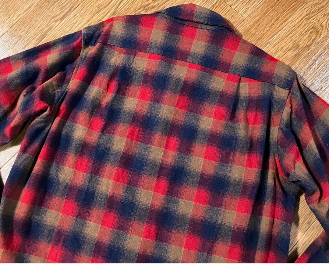 70s ペンドルトン ロング丈 オンブレチェックシャツ 赤×黒 Lサイズ