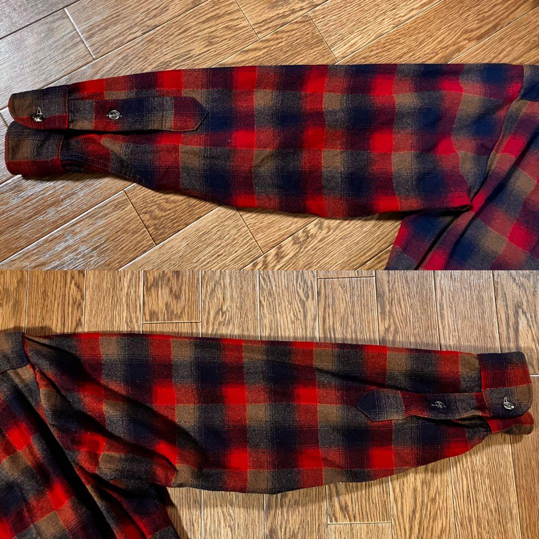 70s ペンドルトン ロング丈 オンブレチェックシャツ 赤×黒 Lサイズ