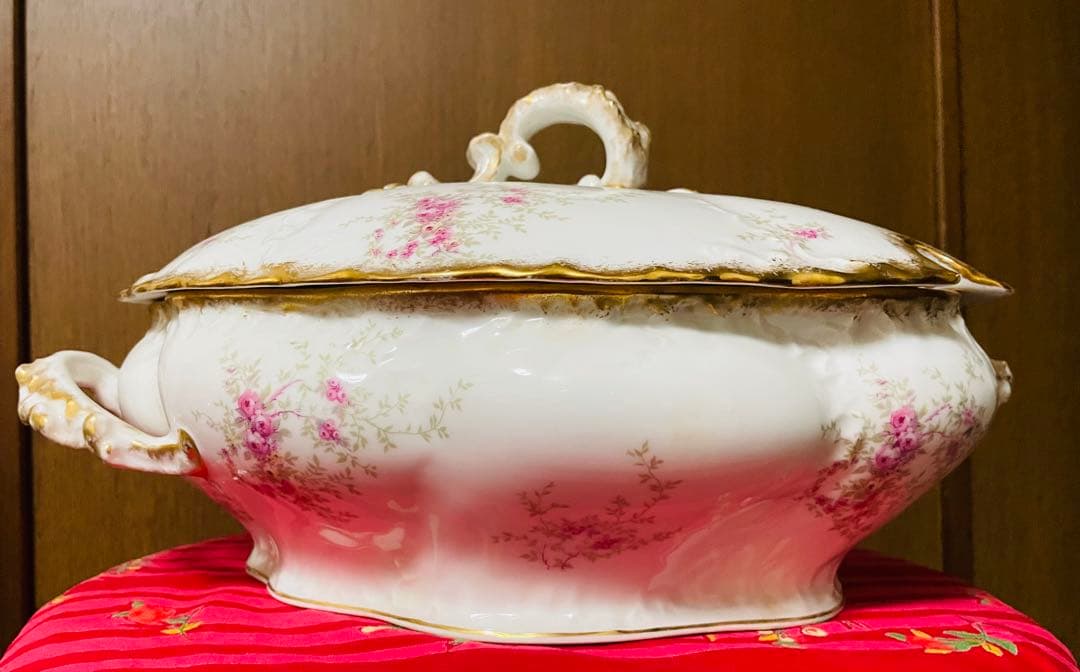 アンティーク リモージュ　大型　スープボウル　蓋付き　レードル添付