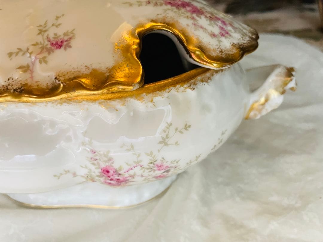 アンティーク リモージュ　大型　スープボウル　蓋付き　レードル添付