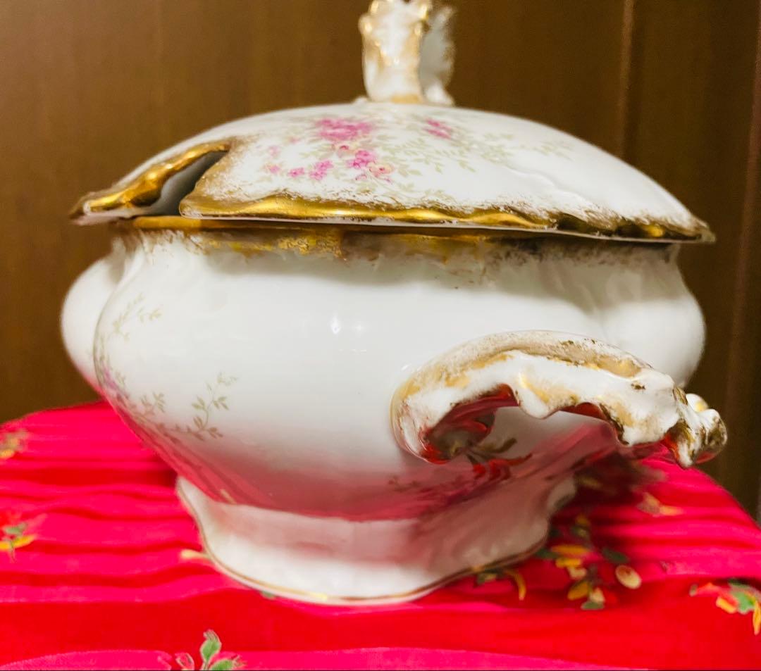 アンティーク リモージュ　大型　スープボウル　蓋付き　レードル添付