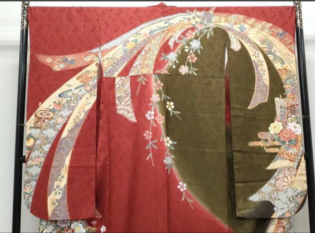 振袖フルセット6点M〜Lサイズ御所車花文　正絹　売り切り終了