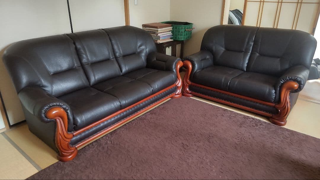 ブラックレザー 3人掛け２人掛けソファセット（テイクアウト＆デリバリー）
