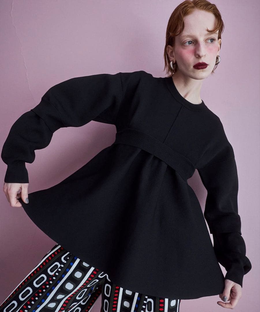 トップス OMMO LAYERED FLARE KNIT TOP BK