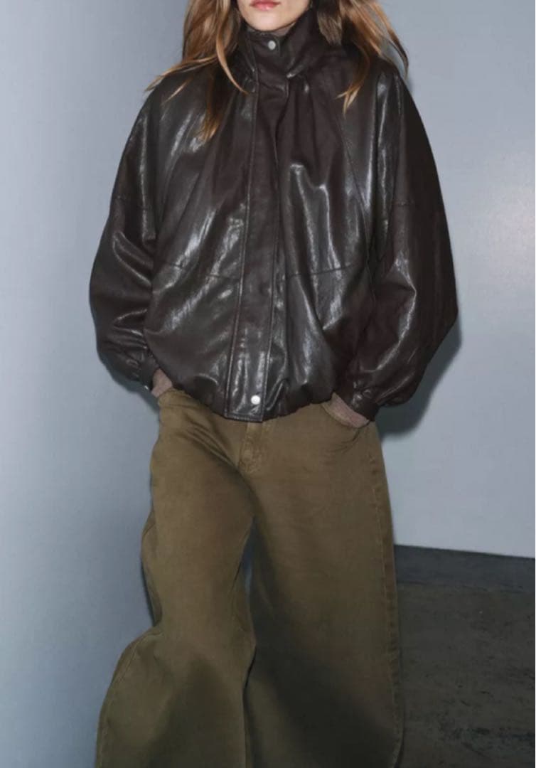 ZARA ダークブラウン　フェイクレザーボンバージャケット