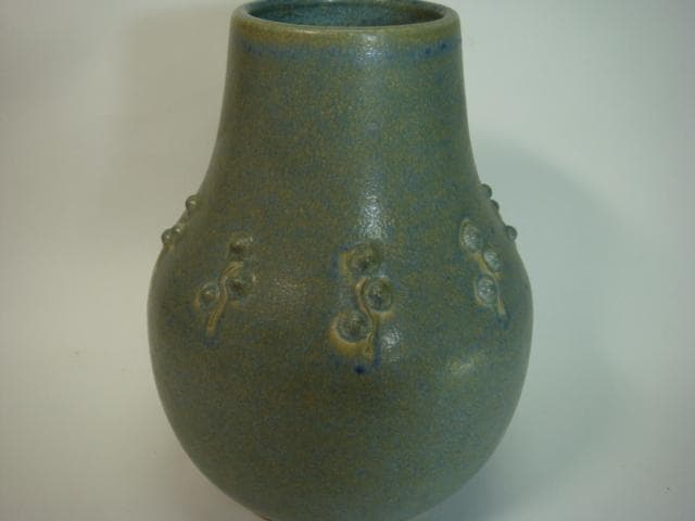 花瓶■丸い実 花器「新開寛山造」京焼き 共箱 共布 華道道具 青釉 時代物 骨董