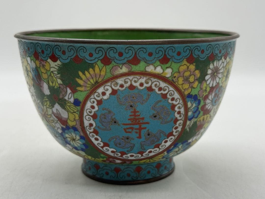 中国　民国期　七宝焼　福禄寿碗1対　景泰藍　送料込み251217