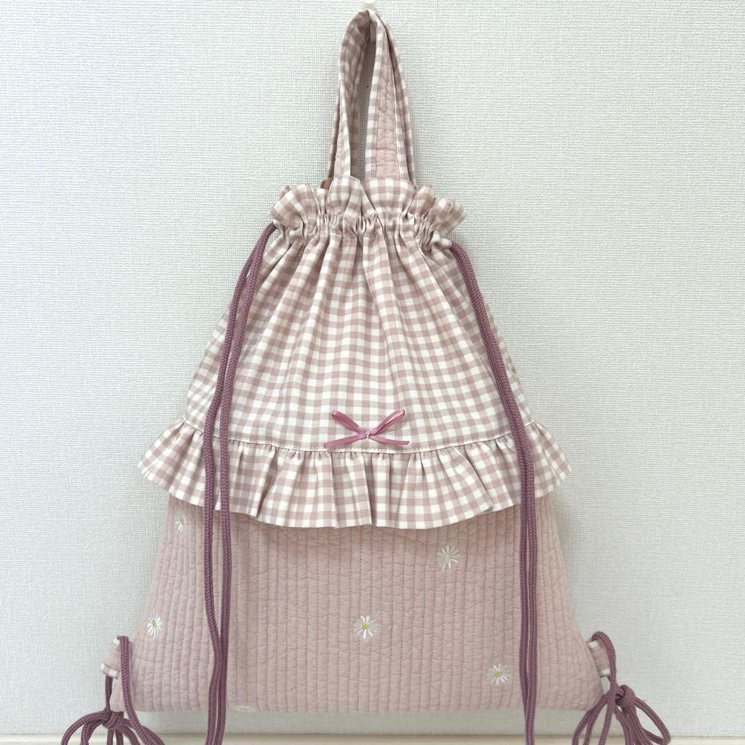 入園入学3点セット　【ピンクお花ヌビ×くすみピンク】　女の子　大きめ　手提げ