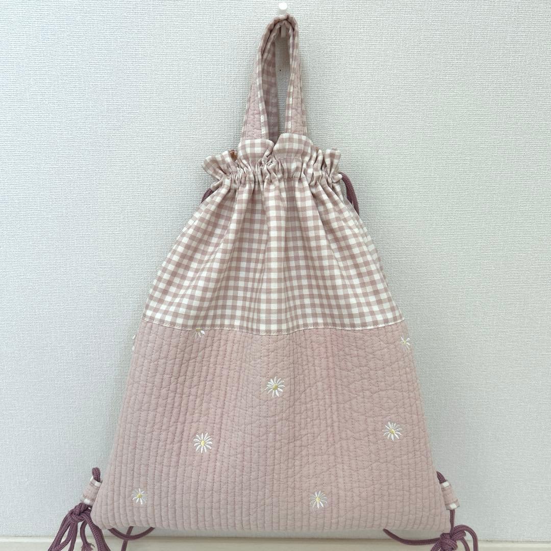 入園入学3点セット　【ピンクお花ヌビ×くすみピンク】　女の子　大きめ　手提げ