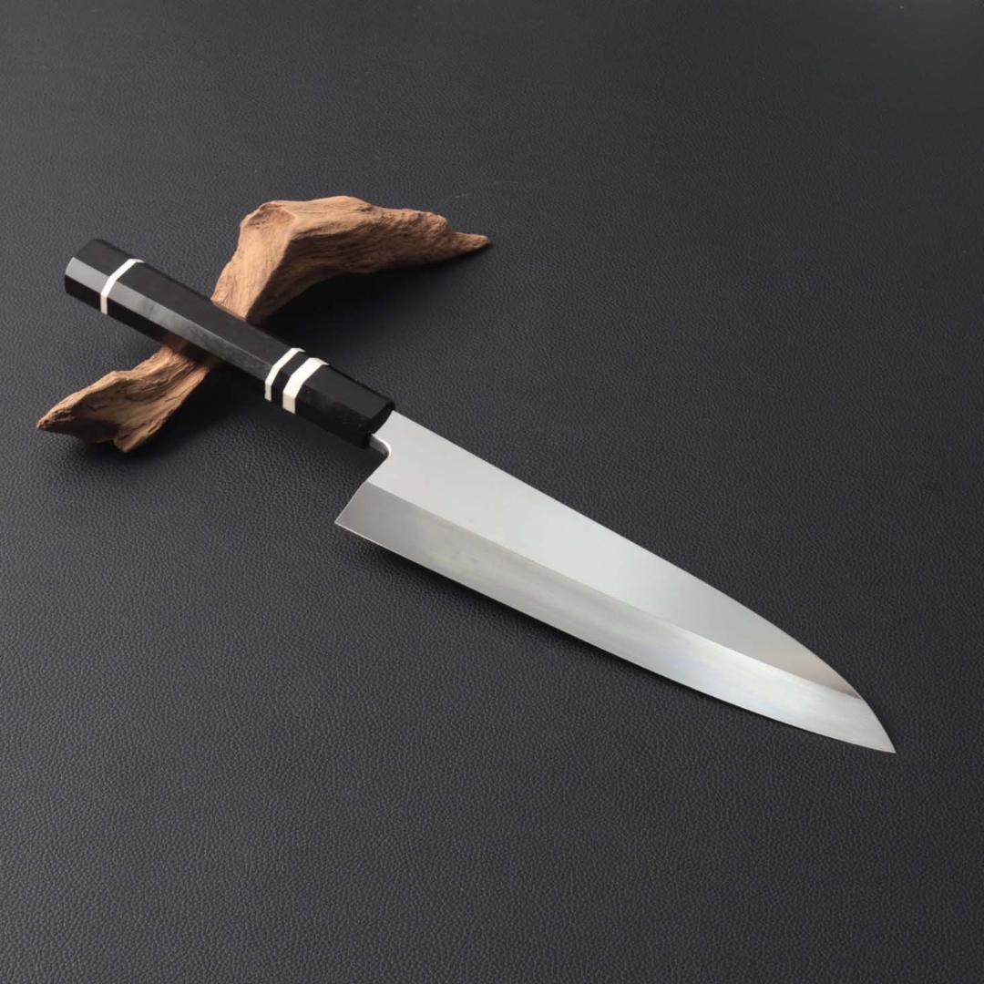 10672鏡面仕上げ出刃包丁 8寸 刺身包丁 本出刃 黒檀黒水牛角白三本巻八角柄