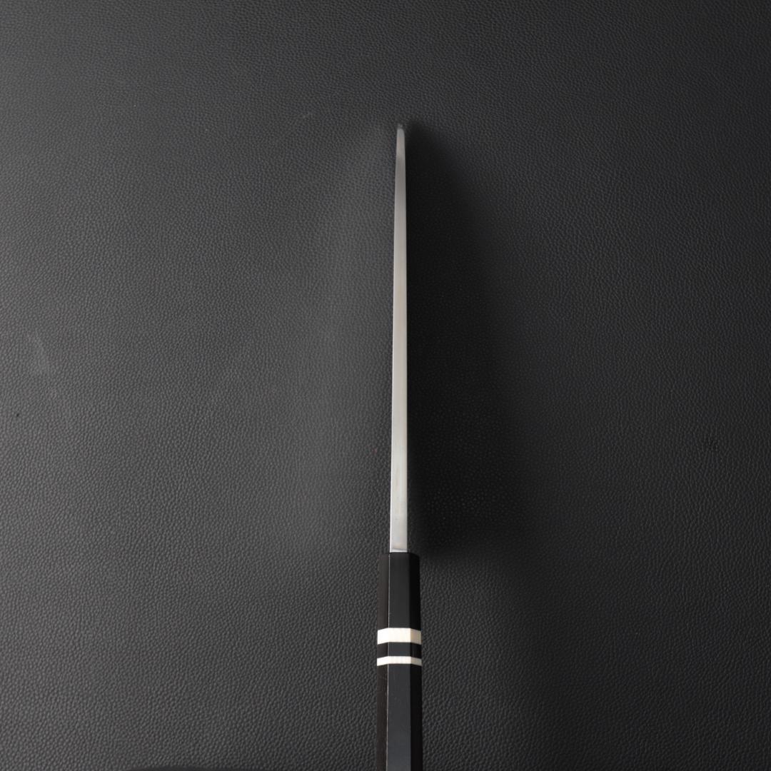 10672鏡面仕上げ出刃包丁 8寸 刺身包丁 本出刃 黒檀黒水牛角白三本巻八角柄