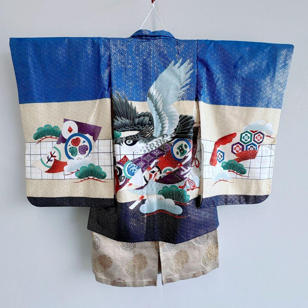 七五三　５歳男の子　羽織はかま袴　青系　鷹松紗綾形　ゴールド系　7275