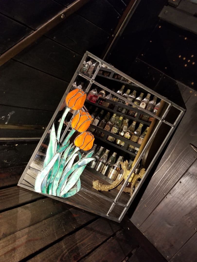 希少　ヴィンテージ　アイアン　チューリップ　ステンドグラス　ミラー　壁掛け　鏡