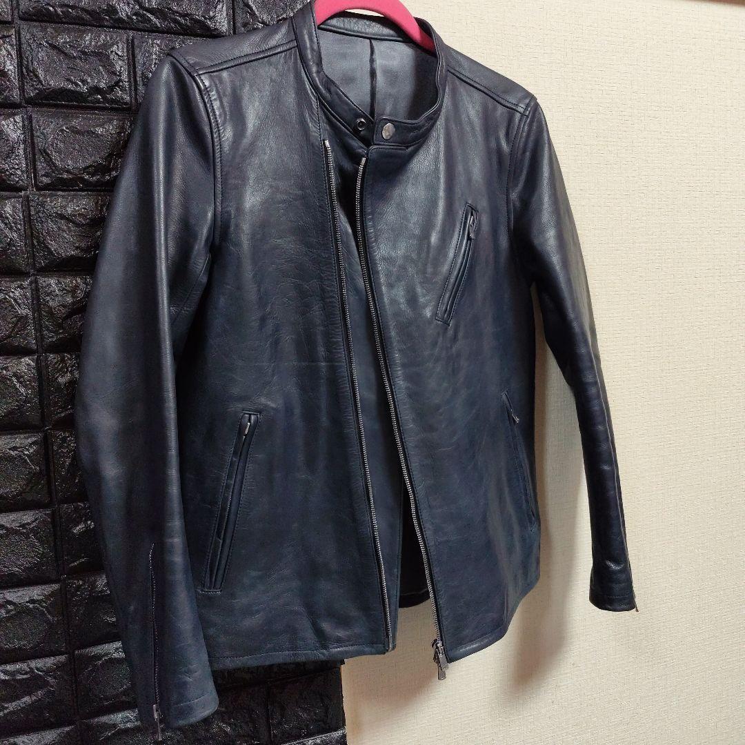 ノーアイディー　希少色ダークブルー本革（牛革）ダブルブレストライダースジャケット