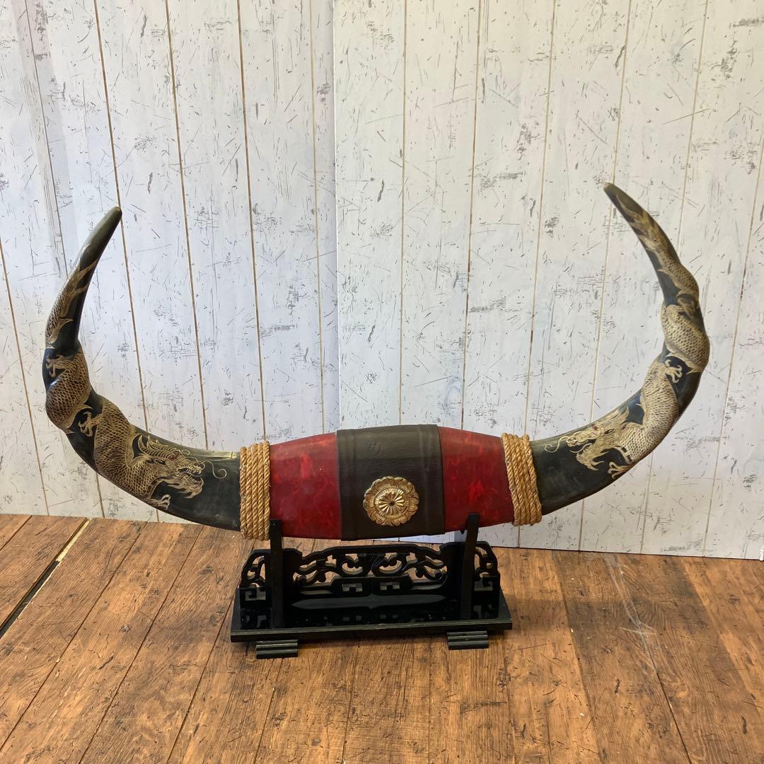 昭和レトロ アンティーク 水牛の角 彫刻 龍 双龍 天然 縁起物 置物 オブジェ